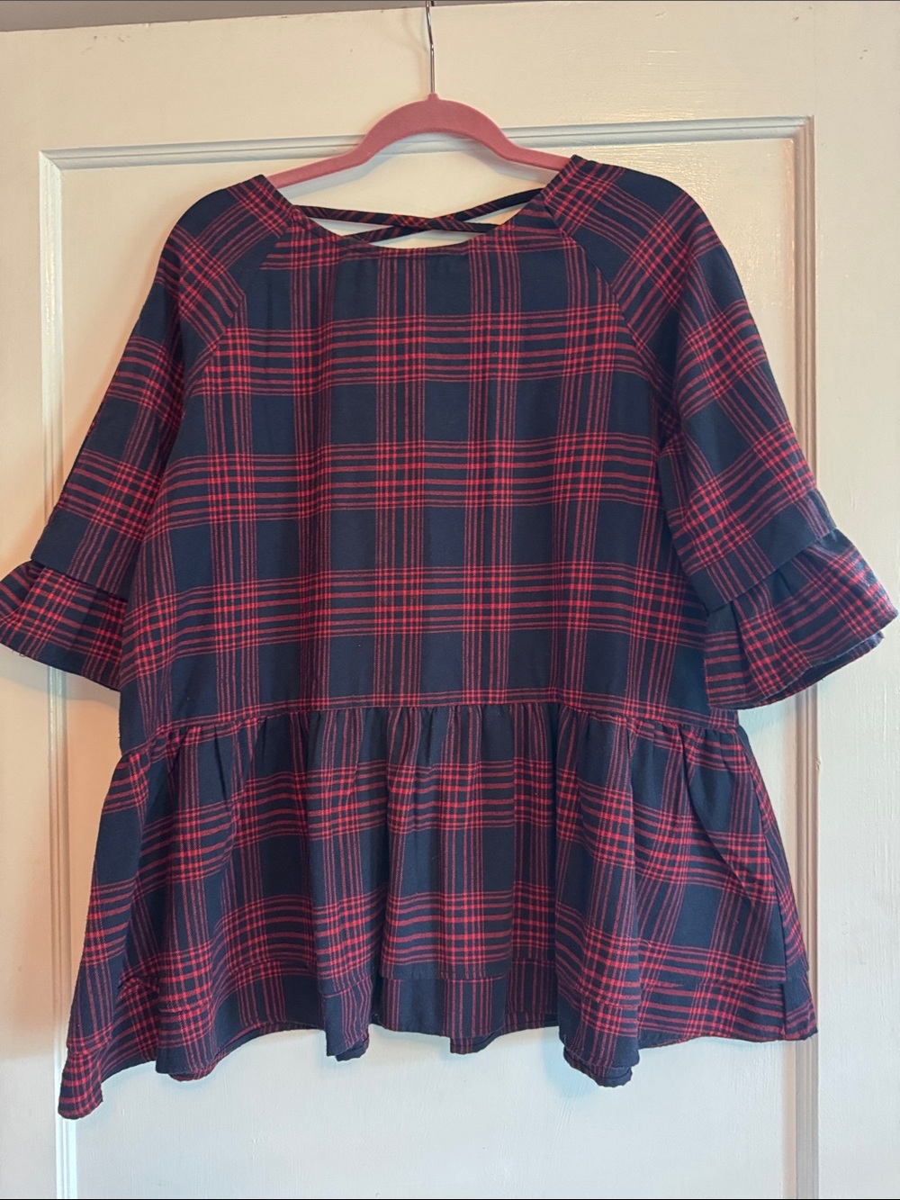 Bo Collection Navy & Red Plaid Ruffled Blouse